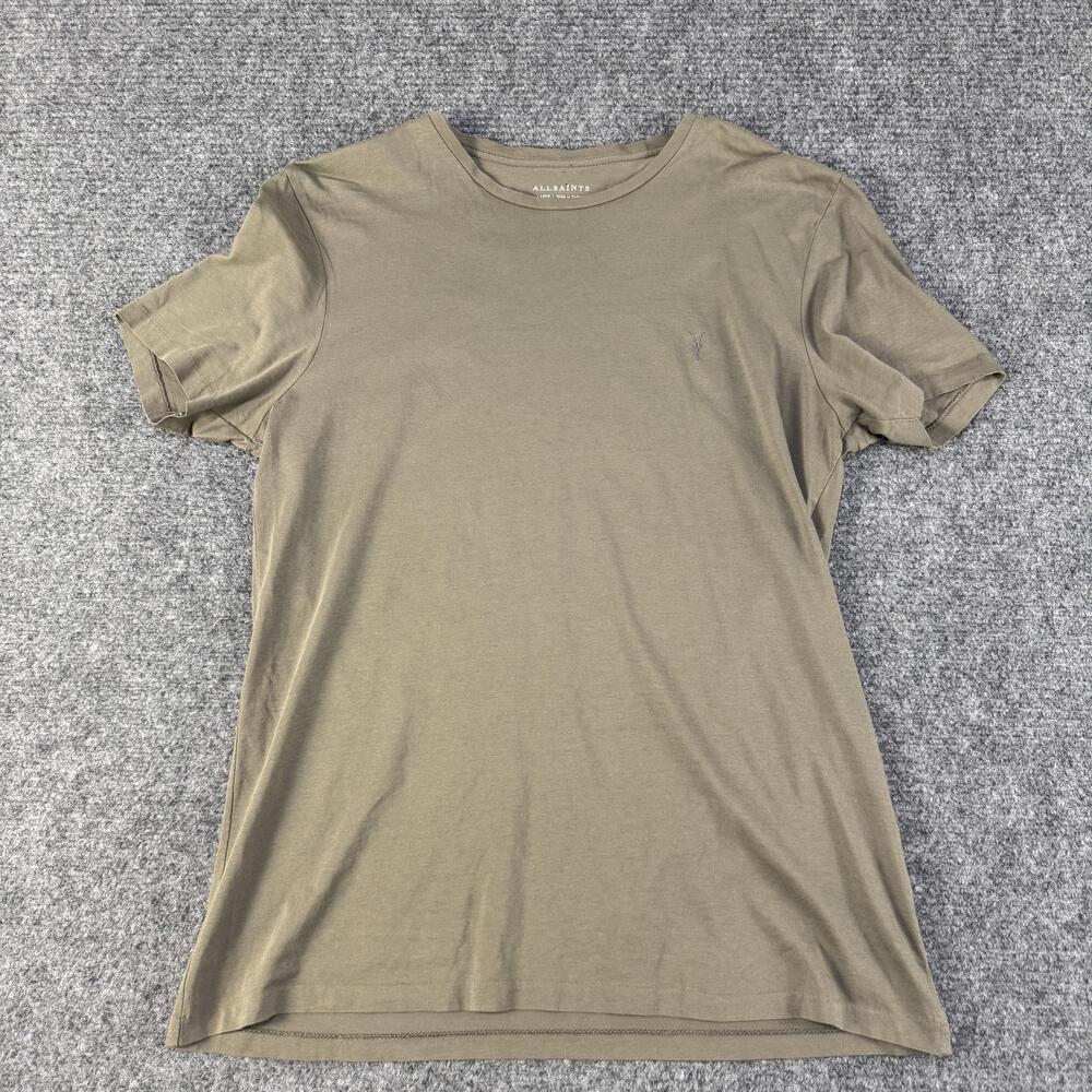 AllSaints Shirt Mens Large Olive Green Brown Crewneck Logo Tee Soft Casual Top